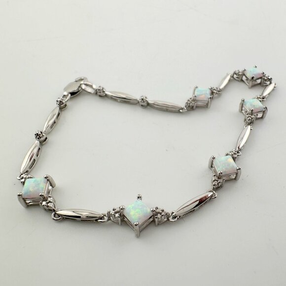 Princess Cut Lab Created Opal Bracelet with Diamond Accent - Picture 9 of 12